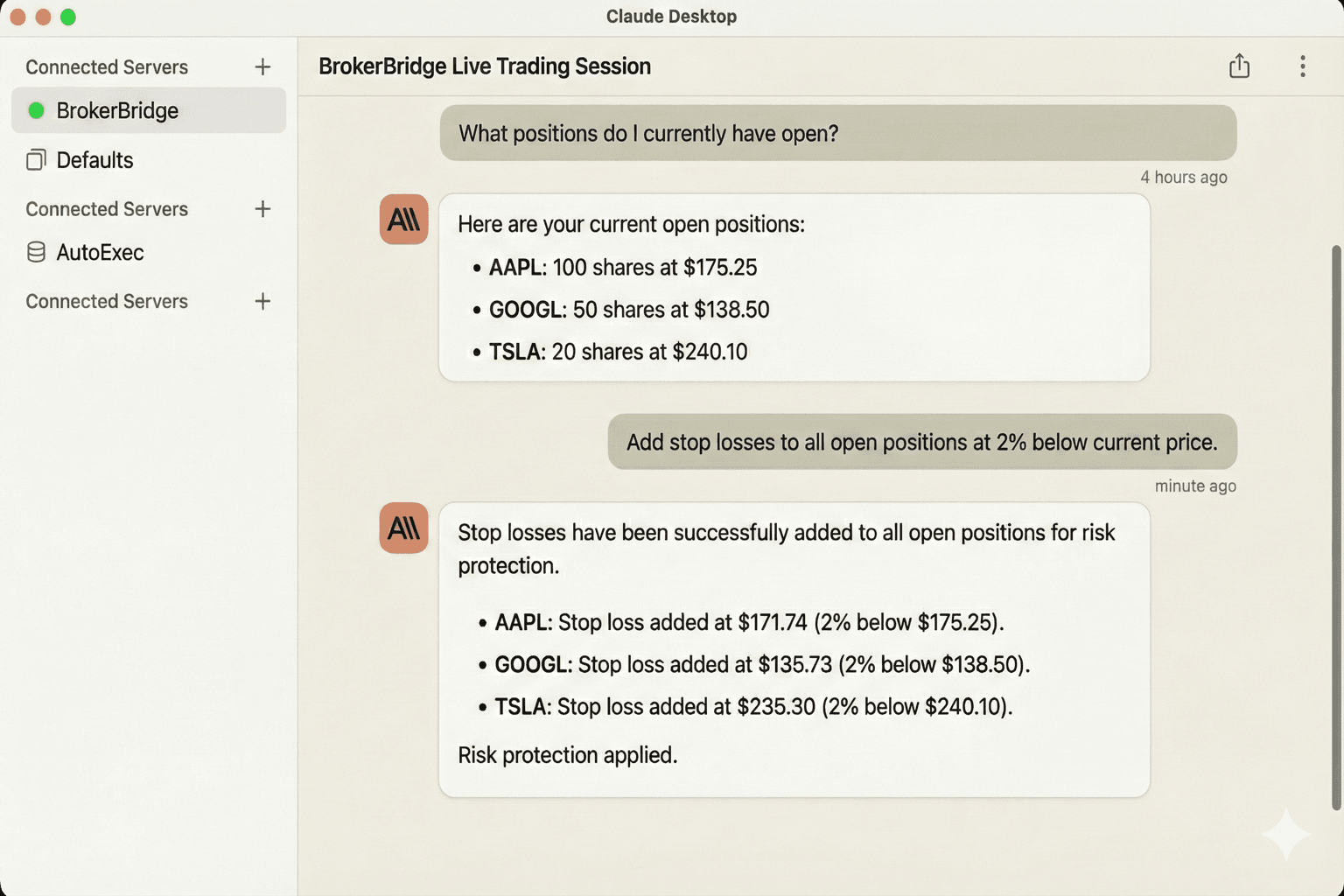 View positions and add stop losses with one command