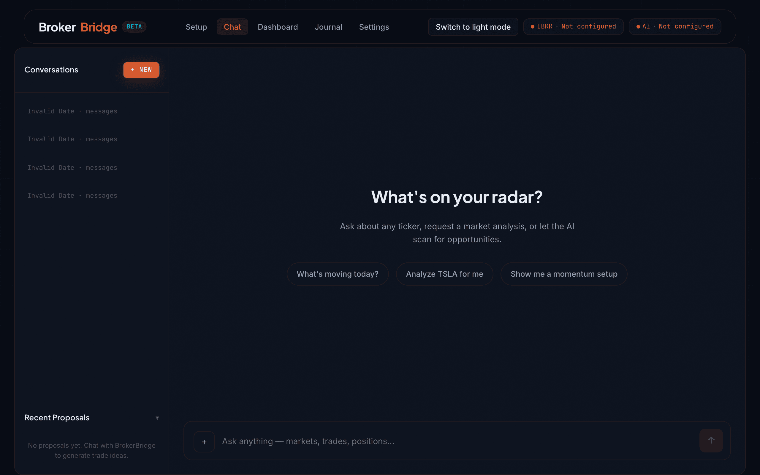 BrokerBridge chat with recent proposals beside the conversation