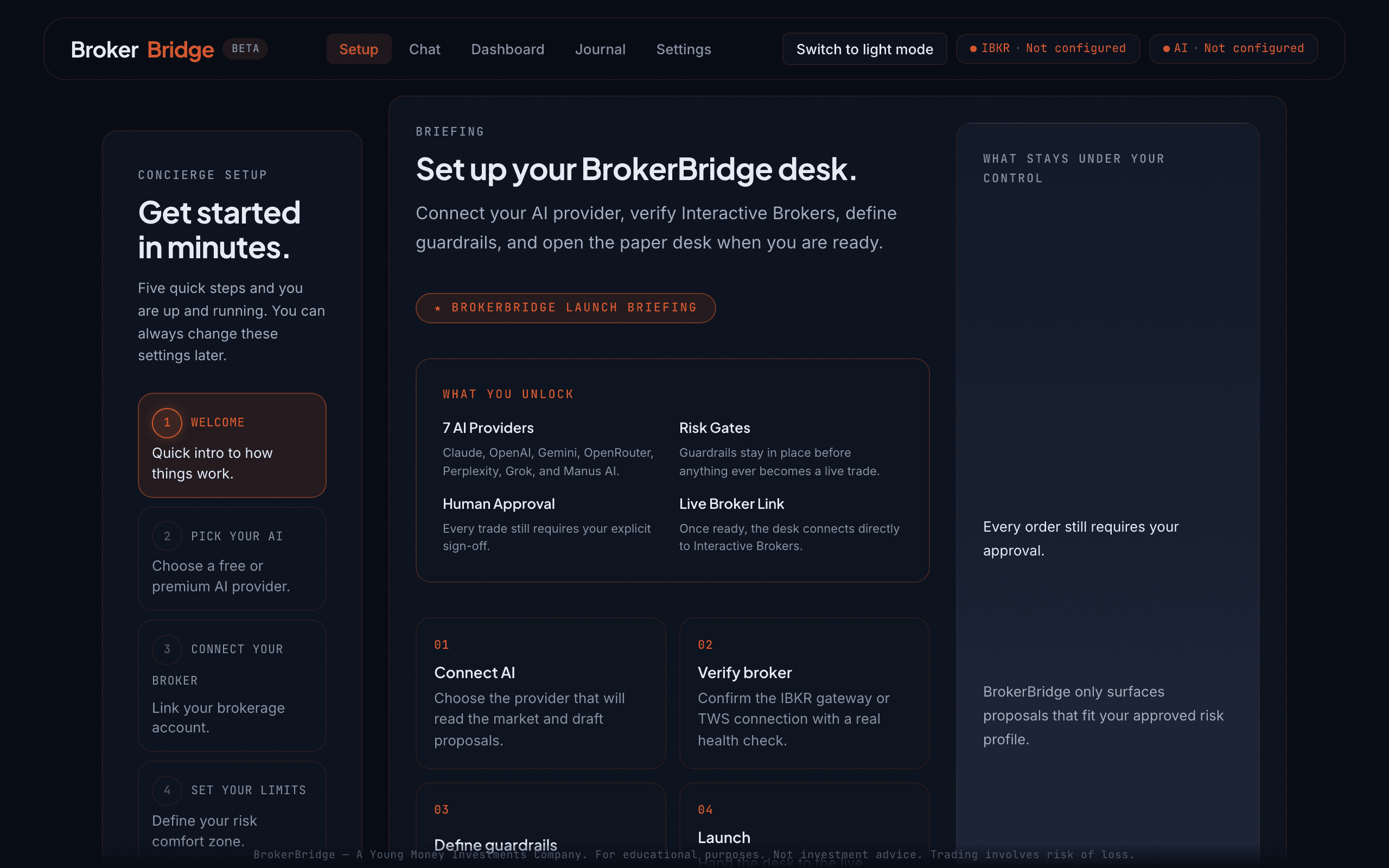 BrokerBridge setup briefing for AI, broker verification, and guardrails