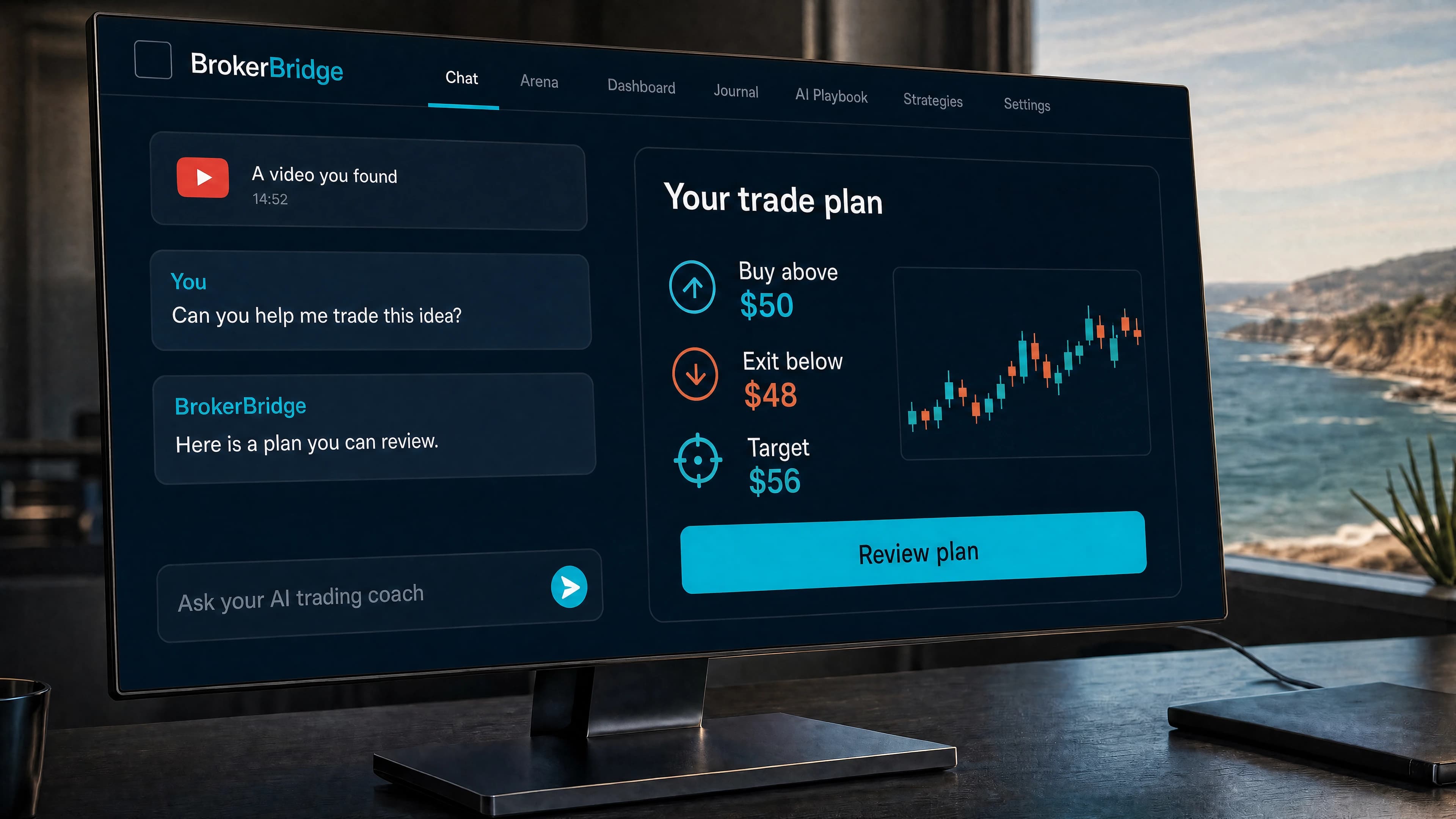 Example: ask your AI trading coach about a video and review a simple plan with entry, exit and target.