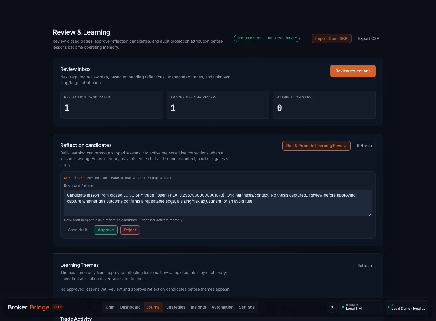 BrokerBridge Review and Learning screen showing a review inbox, a reflection candidate, approval controls, and learning themes.