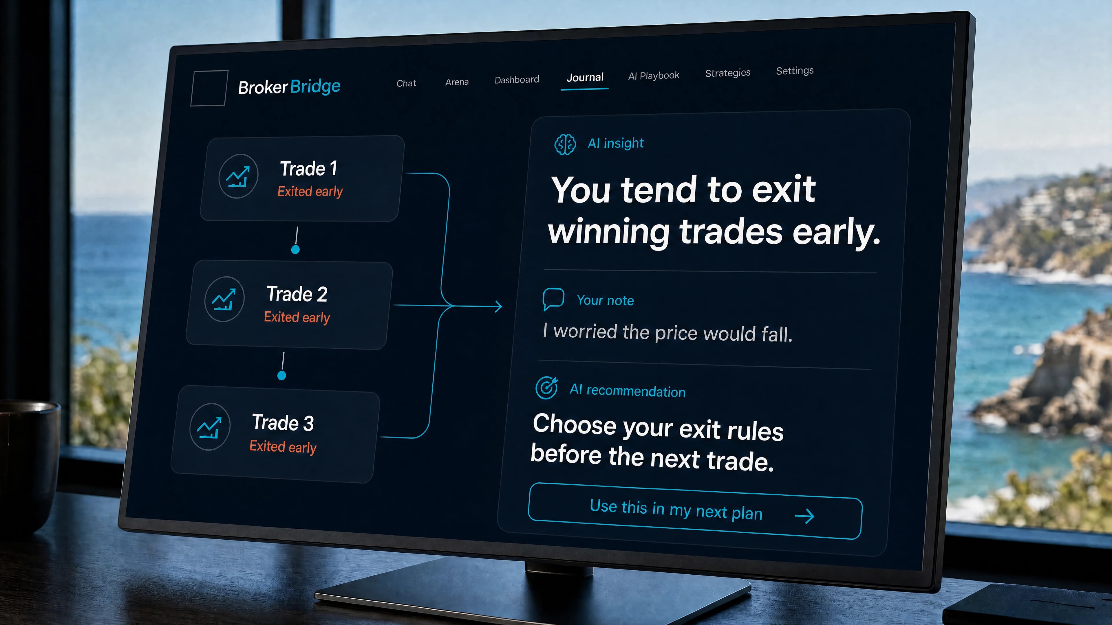 Example: Journal connects three early exits to a personal note, then suggests choosing exit rules before the next trade.