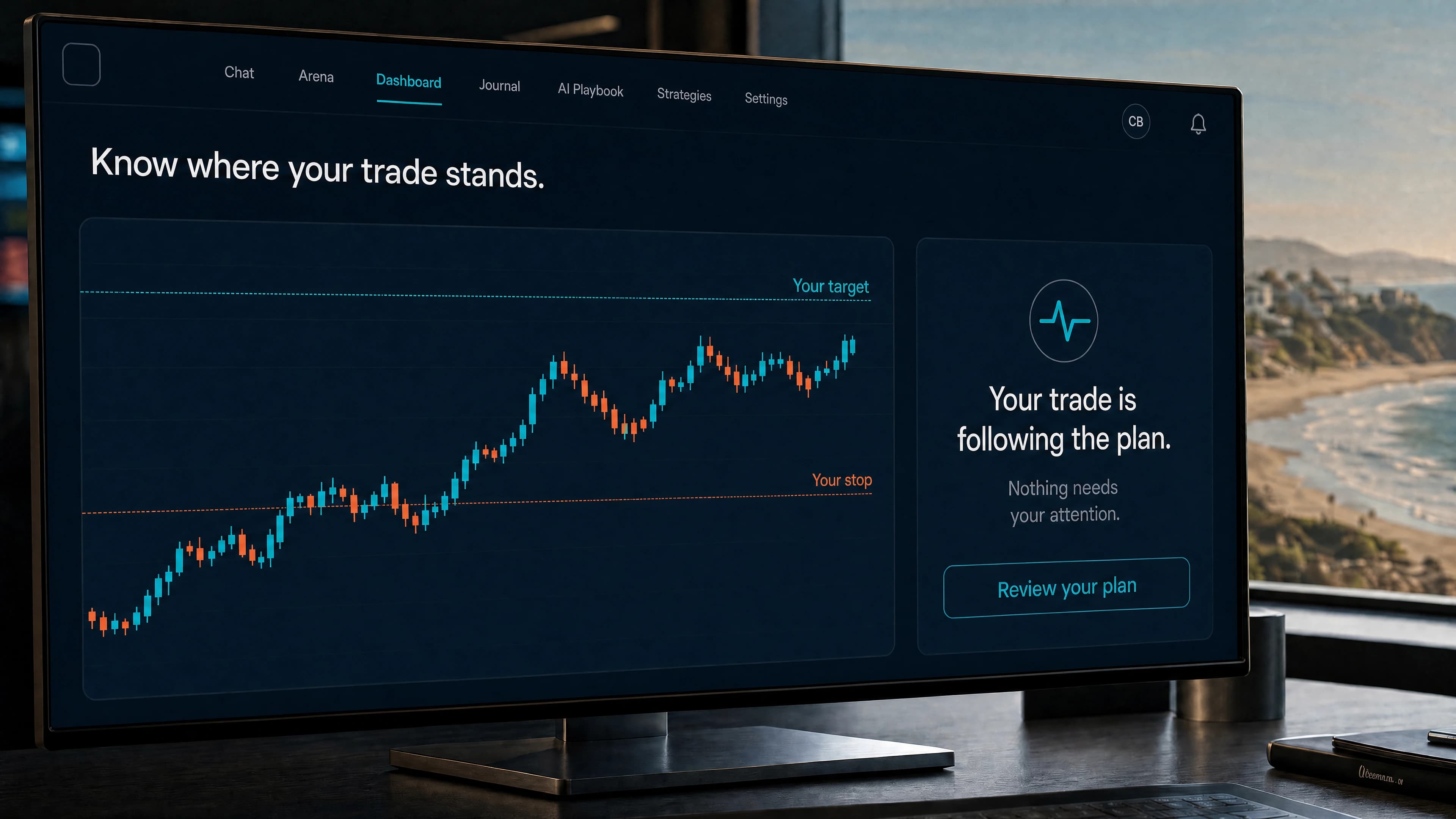 Example: your open trade with its target and stop, alongside an AI note explaining whether it needs attention.