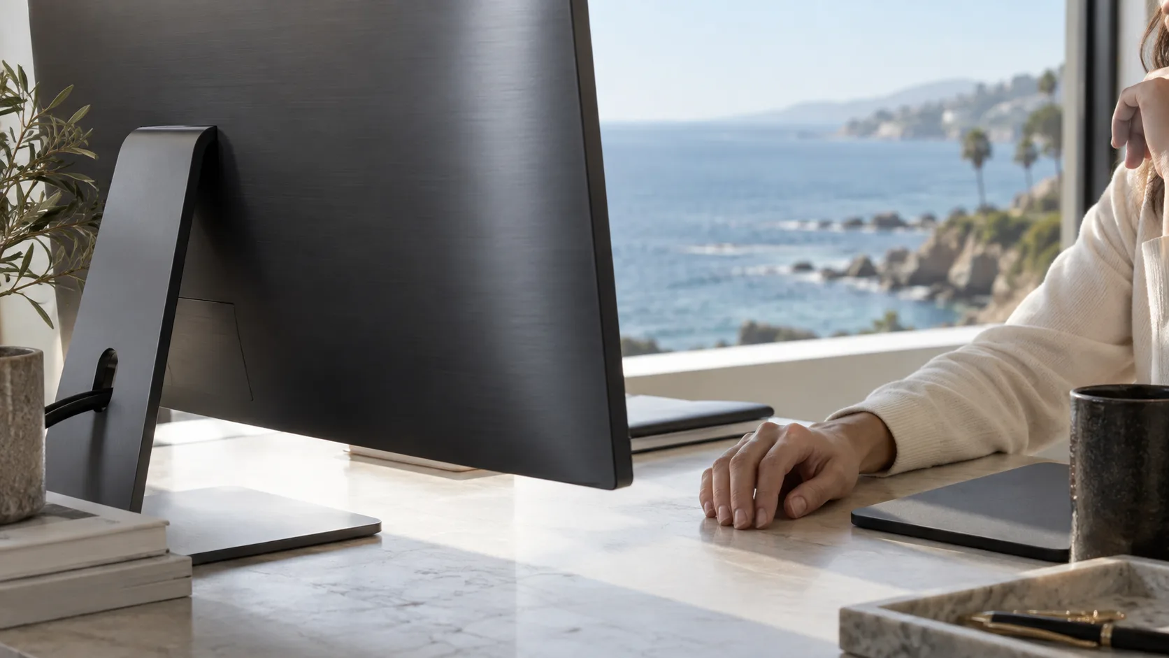Illustrative photograph of a person working at a computer in a coastal office