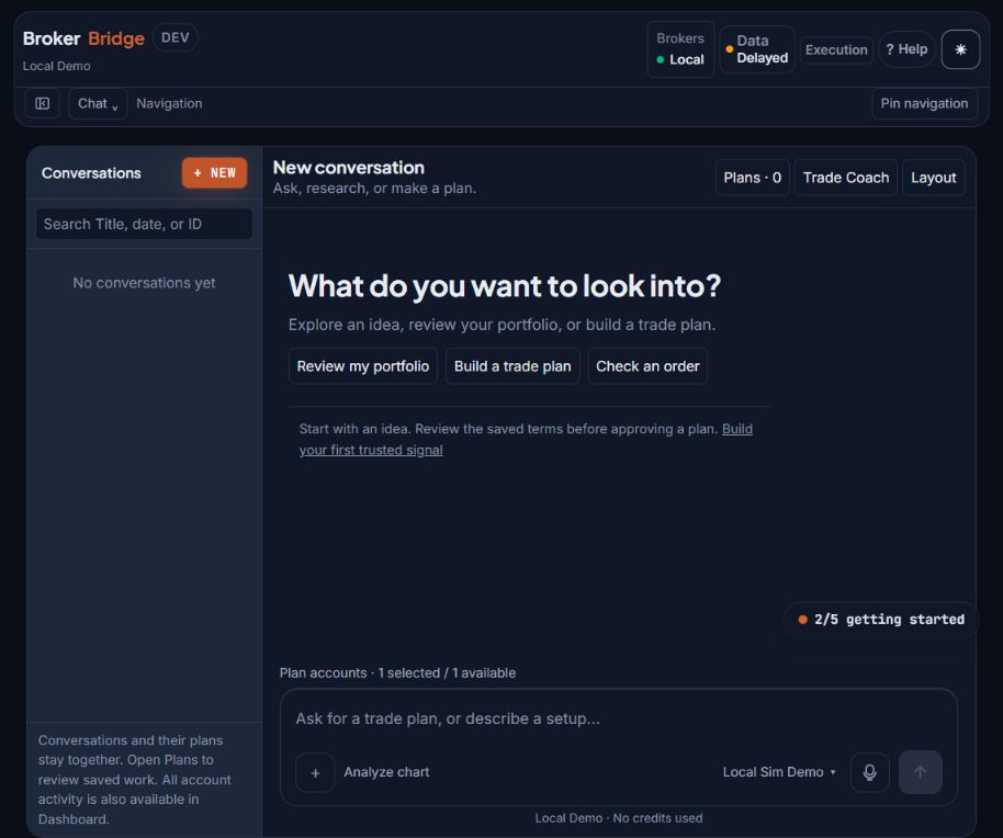 New Chat screen with Plans, Plan accounts, the message box and Local Demo model controls.