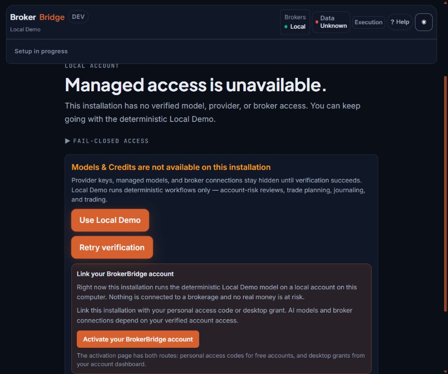 Local setup showing managed access unavailable and the Use Local Demo button.