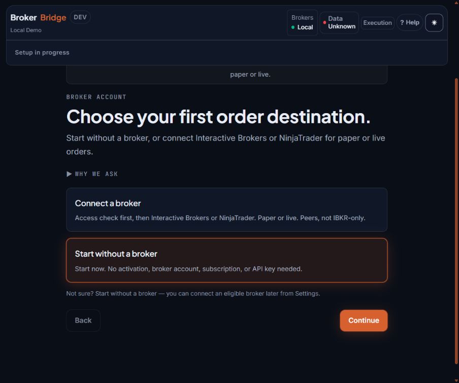 Full BrokerBridge setup screen with Start without a broker selected.